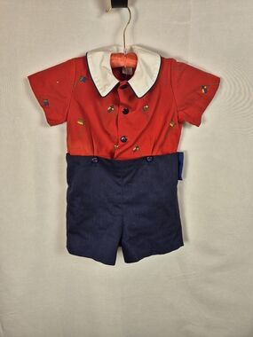 Vintage Kids Red and Navy One-Piece Romper with Peter Pan Collar Size 4T